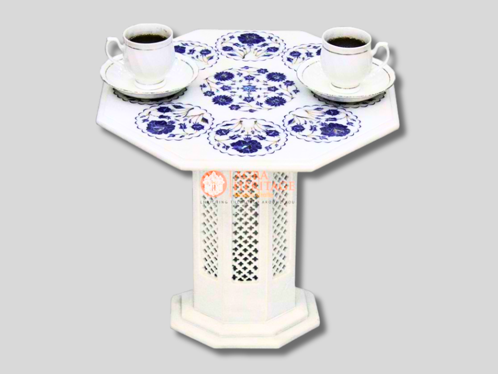 White Coffee Table Lapis Pietradura Inlay Floral Design